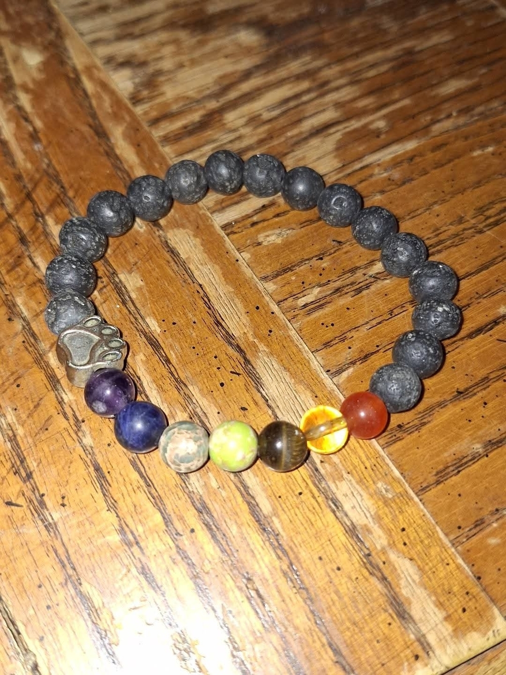 Multicolor Lava Stone Chakra Beaded Bracelet with Paw Accent